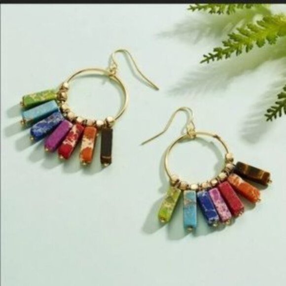 7 Chakra Healing Natural Stone Gold Hoop Earrings - Picture 4 of 4